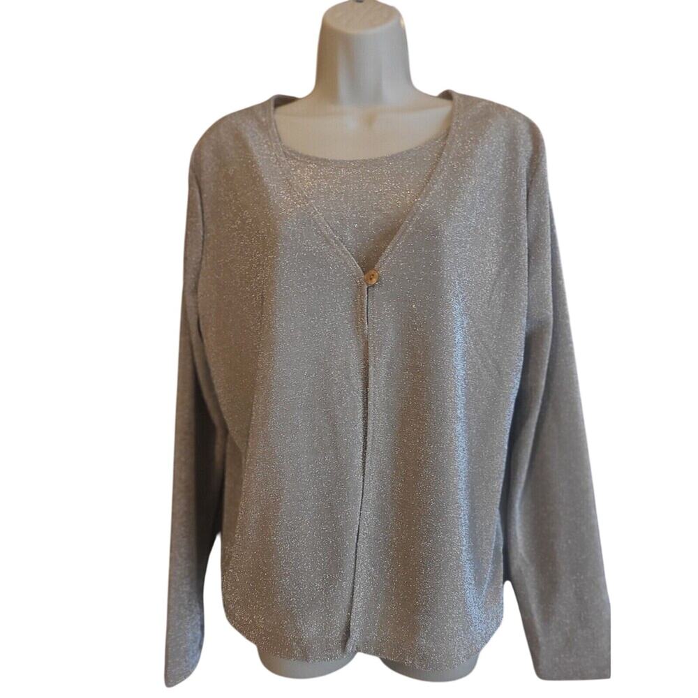 AB Studio Silver Metallic Faux Cardigan Sweater Women's V Neck Long Sleeve L